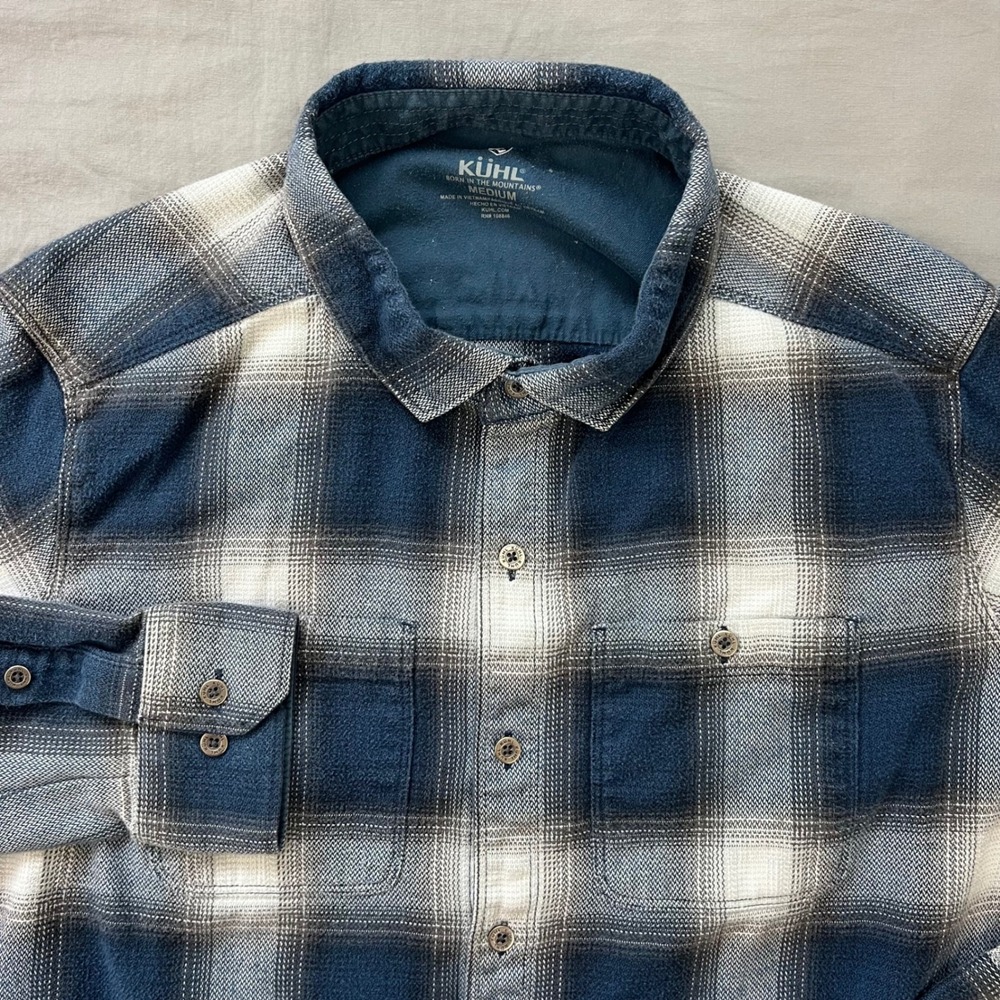 KUHL Mens Plaid Flannel Long Sleeve Button Up Shirt Size Medium Blue White